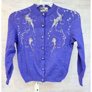 Vintage Womens Purple Cardigan Sweater Pearl Sequin Embellishments Made in Spain